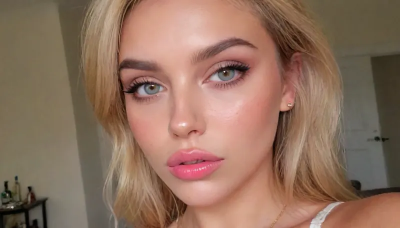 (extreme close-up portrait, focus on eyes, bronzed glowing skin, flawless complexion, soft smoky eyes, full brows, mauve-pink lips, natural elegance, subtle sophistication:1.6), (seductive attitude, hungry expression, sultry eyes, long eyelashes, bashful gaze:1.2), (intimate snapshot, snapshot aesthetic:1.5), (tousled short blonde hair with honey-brown roots, wet-look styling, side-swept bangs, textured layers, slightly messy aesthetic, golden highlights, pixiecut hair, asymmetric hair:1.5), (sexual tension, sexual anticipation, sexual attraction:1.4), (natural lighting, naturally lit, ambient lighting:1), (soft shadows on her face:.9), taken with a smartphone camera, snapshot style, point-and-shoot, shallow depth of field, (natural phone bokeh, lens flare:1.1), slightly off-center composition, natural framing, soft focus on background, ziprealism, igbaddie, <lora:igbaddie-XL:.8>, perfecteyes, <lora:PerfectEyesXL:.4>