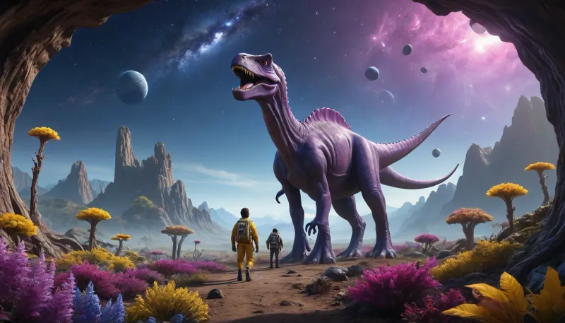 uber realistic image, fullcolor image, full body view, 8K quality, ultra detailed, masterpiece, ((space, stars, alien world)), incredible landscape, jungle, strangely shaped purple trees, many flowers of blue and yellow, Giant dinosaur-like alien monster chases astronaut, whole body in frame, whole body visible, detailed high definition background