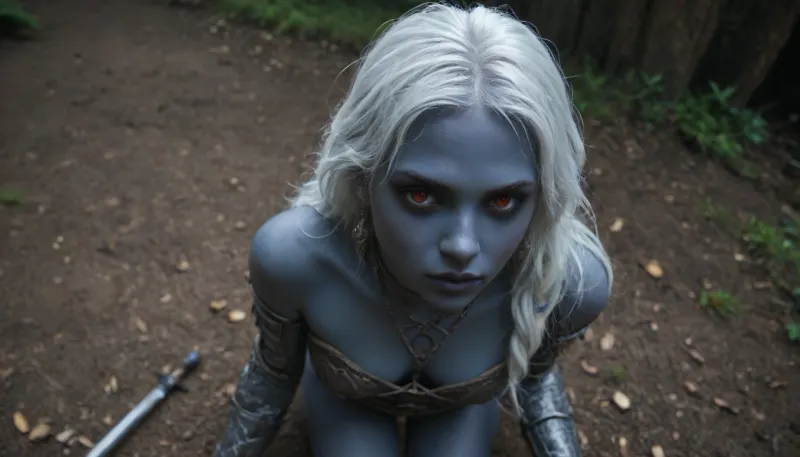 masterpiece, detailed, slender 40yo woman, (dark blue skin:1.5), long white hair in a scrunchie, big red irises eyes, toned, naked, toned legs, arrogant look, feminine wide square face, blue lipstick, wide shot, medieval fantasy setting, whole body in frame, long toned legs, armor on her shoulders and legs, sword in hand, view from above, drow, <lora:RPGDrowXL:.5>, <lora:339100_training_data:.8>, hkstyle, <lora:hkstyleV5:.3>