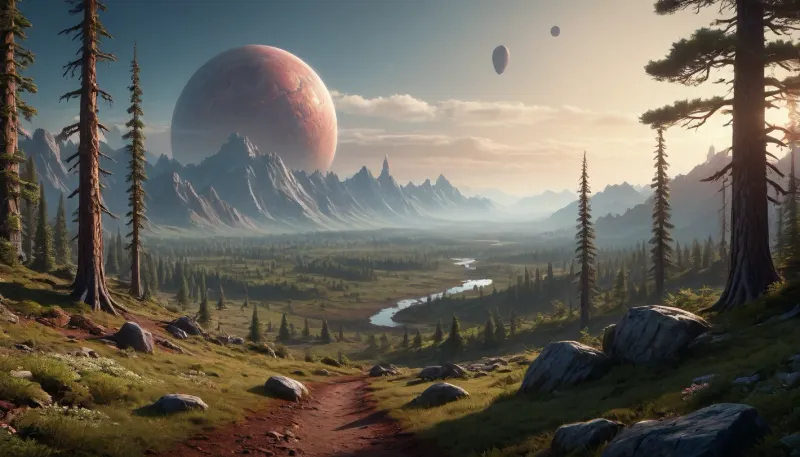 the distant future, incredible landscape, another planet, forest