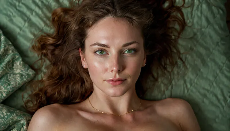 HD masterpiece, amateur candid photo, night time bedroom scene, (one 25 yo dutch woman), laying on her back on bed, (view from above), (hands on chest, looking at camera), (auburn hair, messy hair, long hair), (thin jaw, square jaw:1.3), (ultra detailed face:1.8), nice teeth, thin face, freckles, (pointy nose:1.3), (white pale skin, perfect skin, narrow waist:1.4), fit, (wide hips:1.4), toned, (abs visible:1.2), perfect medium naturals breasts, no bra, (half-close eyes, green eyes:1.6), moaning, (purple stockings, necklace), (Sweaty body, heavy Sweating), (fog from sweating, lots of fog, lots of smoke), (ultra detailed image, high resolution, high level of detail)