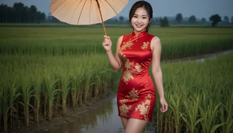 captivating young 5-feet Chinese girl, chubby, smiling, desirable big breasts and thighs, traditional cheongsam on completely bare body, barefoot, warm summer rain, rice field with ripe panicles, night moon glow