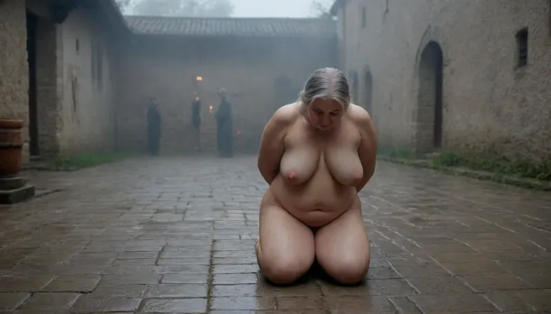 RAW photo, rain, fog, cold, medieval outdoor courtyard, fully naked, fat 60-year-old European woman, kneeling to pray before a young priest, wet face, wet body, saggy flat tits, saggy belly, shaved pussy, wrinkles around the eyes, with high cheekbones, with wet gray hair, photorealistic image, HD, 8K, <lora:realboobzXL:.5>, <lora:220437_training_data:.5>, <lora:bdsmdungeon_v4:.5>, <lora:SDXL_BDSMArmbindersXL:.5>