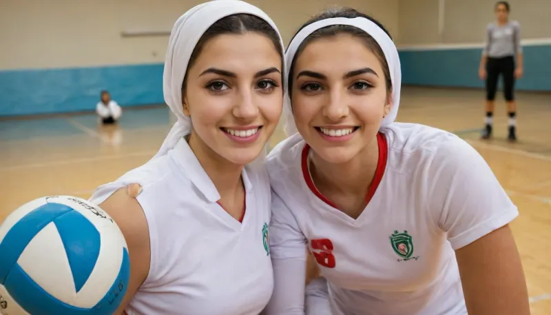 arabe, (((iranian))), three beautiful 18 year old girls, photon, angle jawbones, cute nose, down eyebrow, light blue eyes, perfect eyes, smile, masterpiece, cute face, beauty face, hijab, (((volleyball, volleyball players))), (((no cheeky))), (((volleyball background))), mooning, <lora:mooningv2_SDXL:.8>