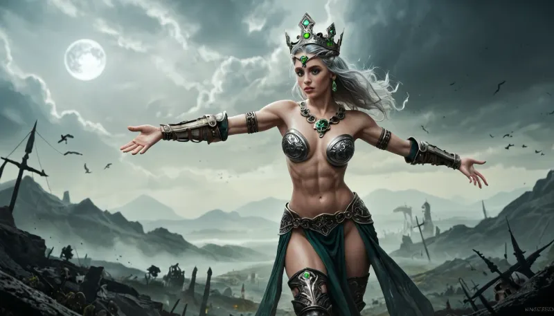 This is a digitally created fantasy artwork depicting a powerful, nude female sorceress standing confidently at the center. She has pale skin, long silver hair, and wears a metallic, crown-like headpiece. Her arms are outstretched, and she is surrounded by swirling green magical energy. Her breasts are medium-sized, and her physique is slender yet toned. She is adorned with intricate, black, armor-like thigh guards and a matching loincloth that is barely visible.

In the background, the sky is dark and cloudy, with a bright full moon casting an eerie glow. To her left, a skeletal figure with a twisted, gnarled appearance and a skeletal arm raised in a threatening gesture is partially visible. To her right, a tall, muscular, humanoid figure with a skull-like face and a massive axe stands menacingly. Another skull is floating near the bottom left, with dark, misty tendrils extending from it.

The color palette is dominated by green, and gray tones, creating a dark, mystical atmosphere. The textures in the image are highly detailed, with the sorceress's skin and hair appearing smooth, while the background elements are more rugged and eerie. The overall style is reminiscent of dark fantasy and gothic art.