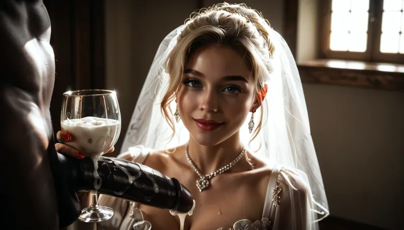 (((UHD 8K, masterpiece, best quality, maximum details, natural lighting, extreme realism))), score_9, score_8_up, score_7_up, score_6_up, professional colored photography, raytracing, highres, ((super detailed professional photo)), masterpiece, photorealism, DSLR camera, best quality, best resolution, with UHD resolution, perfect composition of light and shadow, sharp focus, depth of field, perfectly detailed skin texture, perfect detail, interracial, very large black penis, The happy white blonde bride in sexy wedding dress, cum driping bride's chain' cum driping from black penis, drinking sperm from transparent cup, there is glossy and sticky sperm in cup, cup full of sperm, cum swallowing, ((gokkun)), cum dripping from the corners of her lips, <lora:671410_training_data:.8>, <lora:dark:.5>, <lora:677862_training_data:.8>