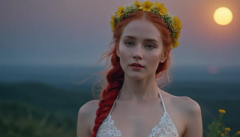 8K, ultra high resolution, exisuitedetailed, high quality, realistic portrait. A serene and elegant, pale ivory skin tone woman with bright red and bright white hair braided and adorned with yellow flowers. She is standing against a glowing full moon, wearing a sheer, see through lace flowing white gown. She is wearing an intricate, lace, neon red and neon yellow bikini set. Ethereal lighting emphasizing her delicate features and creating a halo effect, Subtle shadows and highlights adding depth and realism, Gentle clouds in the background and a Romantic and tranquil atmosphere with soft cool tones.