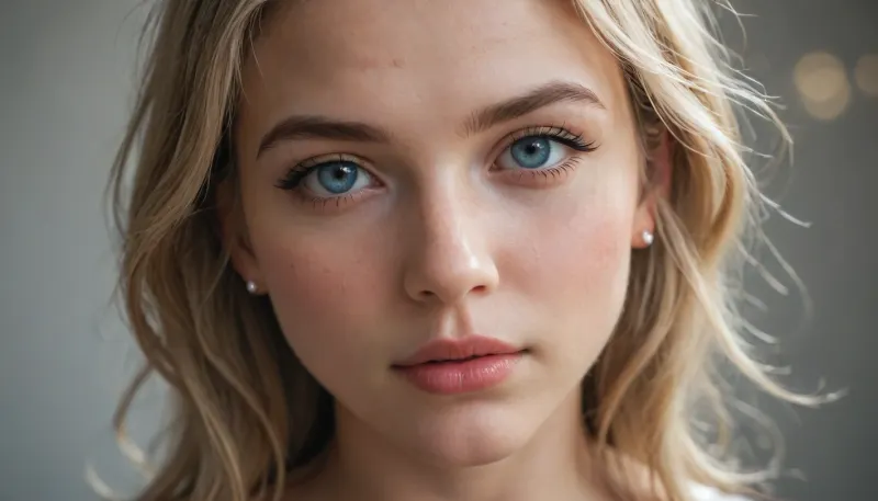 Photographic portrait in a realistic style. Adult woman aged 25–30, blonde. Medium-length silky hair with a light, voluminous styling. Slavic appearance with balanced features, neat nose, blue eyes, fair skin with subtle freckles. Lips of medium fullness with a barely noticeable glossy sheen. Expression is gentle yet confident, direct gaze into the camera. Framing, head and face only, (tight close-up), neutral background with soft bokeh. Lighting is soft and sculpting, emphasizing hair and skin texture. High detail, 8K resolution.

Shooting parameters, full-frame camera, 85mm lens, f/2 aperture, ISO 100, softbox + reflector.

Negative prompt overt sexualization, deep cleavage, heavy Instagram-style filters, excessive plastic retouching, unnatural skin texture, caricature, anime, low resolution.