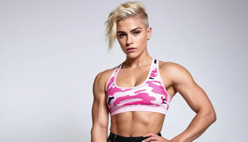 queer non-binary tomboy masculine androgynous girl, very muscular, large biceps, very short shaved blonde hair with undercut, piercings, full-body view, sexy outfit, high contrast, high quality details, armpits, pink camouflage outfit with long pants and transparent top, veins, masculine jaw, dominant, muscular shoulders, white plain background, ((very flat tiny boobs)), thick straight eyebrows