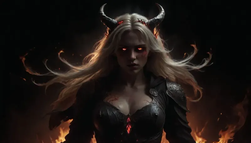 A hideous guardian angel, a female character, blonde hair, horns, fiery eyes, red streams of tears, flames all around, dark fantasy, full portrait 3/4, letitbrn, DonMG3157P4nz3rXL, Disciples, 2, Drawing, Illustration, <lora:dark:1.5>, <lora:- SDXL - letitbrn_let_it_burn_V1.0:.9>, <lora:[XL]Demon_Legion:1.8>, <lora:DonMG3157P4nz3rXL:1.6>, <lora:Dark_Disciple-10:1.5>