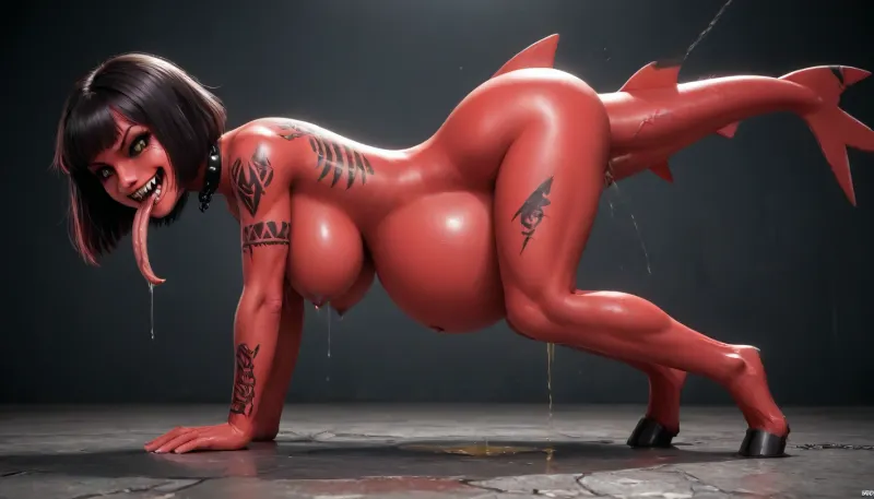 Best quality, Masterpice, high realistic details, score_9, score_8_up, score_7_up, professional photograph, cinematic light, high detailed background, high detailed evil perfect face, (muscular tall woman:1.3), (18 years old woman:1.4), spiked collar, (red skin color:1.6), (((chains))), (((puddle of urine under woman:1.5))), (((view from bottom:1.5))), (((side view:1.5))), (((stands on all fours:1.5))), highlight on skin, long thin demon pink tail, angled bob cut hair cut tucked behind ears, black hair color with pink ends, (triangle shape of face, sharp facial features, sharp cheek bones:1.4), very long elf ears, black lips, (pointy shark teeth:1.4), (((tattoos))), ((((long sneaky tongue)))), (((angry smile with sharp teeth:1.5))), (((tongue out))), (long pink oni horns:1.4), violet nipples, big eyes, (black sclera, black eyewhites, eyes are glowing and have golden predator pupils:1.4), naked, (amazed expression:1.5), voluptuous face, oily skin, sweat, (gymnast body, perfect body, (((no abs))), curvy body, hourglass figure, (wasp waist:1.4), wide hips, big firm round breasts with dark nipples, athletic, muscular athletic body, sculpted athletic body, (relief body muscles:1.3), the woman has a very defined puffy stomach, wasp waist, perfect thighs, perfect ass shape, long legs), insane smeared make up, horny, saliva drooling, nipple piercing, ((((huge milky boobies:1.5)))), (((busty:1.5))), (((erected nipples))), (((lactating nipples:1.5))), (((no panty))), belly button exposed, collarbone exposed, cinematic, full length shot, bottom up camera angle, side view, cinematic lighting, hard light, digital painting, lineart comics, Dark colors, in the dungeon, 1 girl, 90s Anime, (Outline), (cartoon), retro, flat colors, Perfect Hands, (((hooves instead of feet))), (((pregnant:1.3))), fingering, pussy, (((veins))), <lora:EldritchComicsXL1.2:1.1>, <lora:Sweaty_Realism_4-000006:1.3>, <lora:EnvyRetroDreamXL01:1>, <lora:2FingersSDXL_v03:1.5>