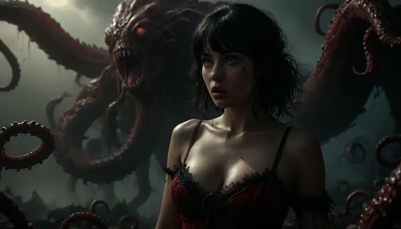 a pale beautiful busty woman with black hair and bangs is trapped in a horrific landscape while a giant monster floats in the sky above her, sexy torn dress, cleavage, eye contact, frightened expression, female focus. EdobHorrorLandscape, red sky, the air is filled with fog and every surface glistens with a creepy mucus texture, simple background, ((a huge creature floats far overhead in the sky with tentacles and many eyes and sharp teeth and spikes)), moon, forest, cinematic, frightening, <lora:EdobHorrorLandscape:2>, <lora:add-detail-xl:2>, <lora:dark:.2>, <lora:MJ52:2>