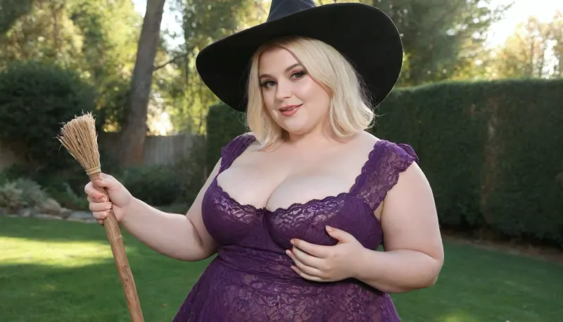 (Portrait:1), extremely detailed, candid picture, realistic photograph of a cute, 30-year old witch, aroused, Caucasian American, pale skin, big witch hat, big chubby face, Flushed Cheeks, eye liner, lipgloss, floppy bust, pretty round face, light blonde hair, bob haircut, (detailed chubby face), (purple black lacy witch dress), lovely laughing, holding broomstick, standing on lawn of hounded mansion, autumn, golden sunshine, sun beams, light rays, (fully clothed), shoulders, <lora:SDXLHighDetail_v6-000005:1>, <lora:220437_training_data:.8>