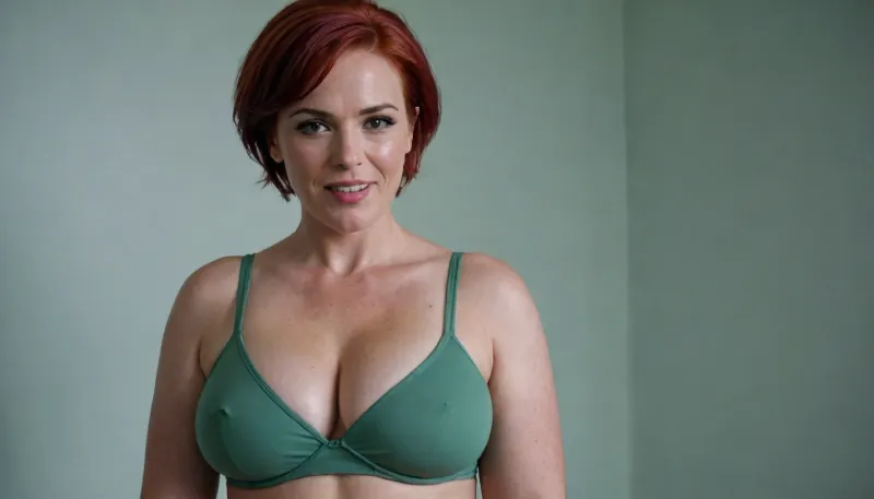 A nurse very strong big milf, short bright red hair, (very wet hair), chubby very powerful body, very big strong shoulders, Very strong wide forearms.A very strong very powerful broad-shouldered woman.Brown eyes.Big boobs, big areols.Very big lips.A very wide, experienced mouth of a skilled cocksucker.
A closed green surgical uniform of a nurse with half-covered shoulders, a gray dirty bra is visible.
Very freckled.She look from under his brows and frowns.The woman laughs.
super realistic