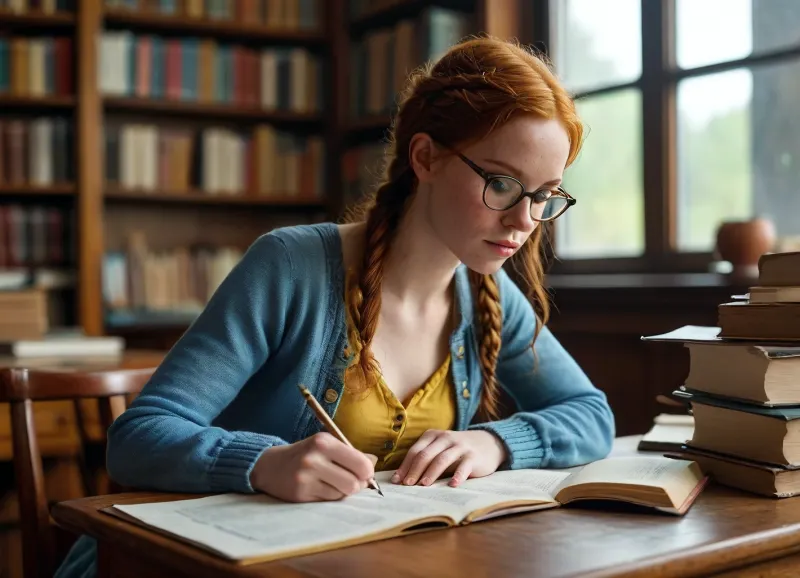 candid photo of a beautiful sexy very petite 33 year old redhead woman, long braided ginger hair, no makeup, freckles, skinny, small breasts, glasses, dressed in blue and yellow, wearing a buttonup blouse and a cardigan, setting is a municipal library, sitting at a large wooden desk, stacks of books on the desk, writing in a ledger, view from side and above, photorealistic, highly detailed, <lora:MJ52:.8>