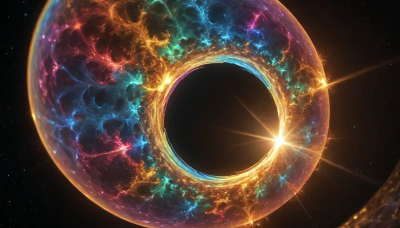 4d microscope macro zoom, eclipse, nytrogen, (glowing fractal of stars), miracle, rainbow light gold cristal in open universe, orbit, rainbow fire, rainbow air, rainbow earth, busty cook girl