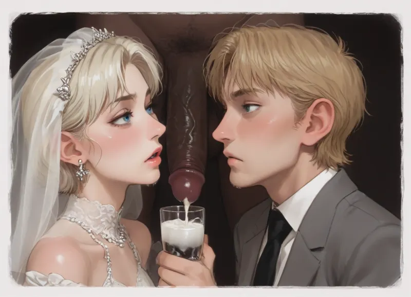 Rétro anime mariée sips sperme dans futuriste plate-couleur concept gokkun par syd mead

- Oui.

Image générée par l'IA : Un dessin animé rétro-futuriste de style anime des années 90 de Syd Mead, mettant en vedette une heureuse blonde blanche mariée dans une robe de mariage sexy, sperme dégoulinant d'un très grand pénis noir comme elle boit du sperme d'une tasse transparente pleine de sperme collant brillant, sperme dégoulinant de ses lèvres tout en avalant, style gokkun, couleurs plates, mains parfaites, ratatatat74 concept art.