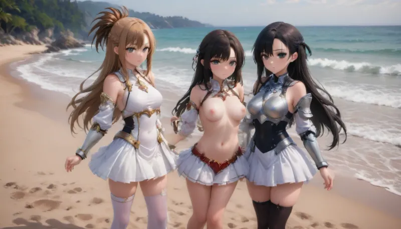 1girl, beach, nude, brown nipples, Momo Yaoyorozu, tall, black hair, grey eyes, <lora:hentai_anime_style_xl_v1:1>, yuuki, asuna, brown, eyes, hair, long, bangs, braid, yuukiasunasaooutfit, white, armor, breastplate, red, pleated, skirt, detached, sleeves, bare, shoulders, thighhighs, yuukiasunaalooutfit, pointy, ears, blue, sleeveless, dress, <lora:SDXL_LORA_CHARACTER_YUUKI ASUNA_V1A:.8>
