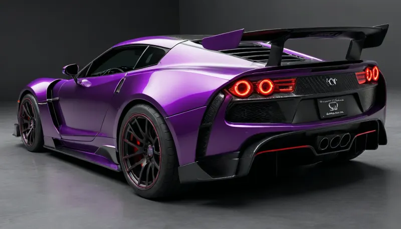 ((L2œ×™, z×cG9H¡ü LM-11)), Conceptcars 2030, (Avigor V12), (8k super detailed image quality), (5lts rear engine, V-12, supercharger:1.4), 980hp @ 9000 rpm supercar, (not suitable for road use), (black and purple color:1.2), (super reinforced), (rearview mirrors, rear spoiler and small, delicate carbon fiber details:1.4), (custom matte black wheels with very detailed red stripes, low profile covers), (the hood is flat and has two parallel, stylized carbon fiber intakes:1.5), (headlights arranged at angles following the lines of the hood, two led headlights with daytime running light magnifier:1.3), (super reinforced carbon fiber engine cover), (4 wheels), .exquisite details, ultra-high definition, (UHD), hyperrealism and wide dynamic range, (HDR), realistic lighting that creates an atmosphere of intrigue, phosphorescent, (dynamic, widebody, sports, car, super, hatchback, sedan, suv, truck), widebody, sports, car, super, hatchback, sedan, suv, truck, <lora:WBC-XL-v1:2>