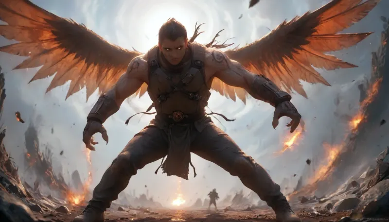 A man with wings and an eagle's head, a pumped-up torso, a body covered in protective gear, tattoos on his arms, legs, boots, and a military space uniform., <lora:fairytale_and_mythical_characters_r1:.8>, monster, <lora:Monster_XL_V2:.8>, rpgg, <lora:r8g:.8>, XUER, martial, arts, style, <lora:绪儿XL 武侠:.8>, XP, niji, <lora:Niji XL 动漫模型新境界_v1.0:.8>