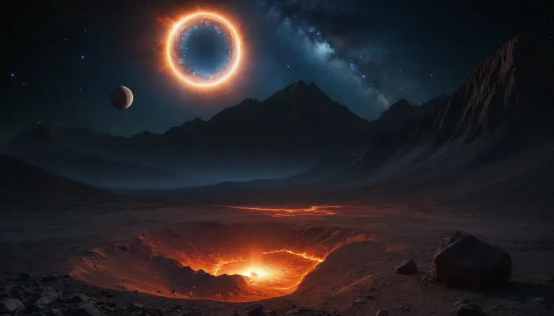 space dream, ground of top of screen, no limits, 4d makro, Sharp mountains, big lake of plasma, spiral galaxy in the sky, high mountains, the height of the mountains is 20 kilometers, huge sharp stones, blue and orange plasma slowly flows from the mountains, glow plasma streams, huge Jupiter with moons, several moons, galaxy, bright stars, dramatic sky, huge crater, rocky field, sharp mountains, there is no one around, no girls, no people, no animals