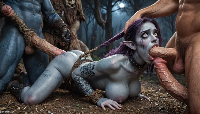 female drow elf barbarian, (dark night blue skin:1.82), tall, angry, busty, curvy, thin waist, big boobs, big butt, slim, fit, vitiligo, strong, (wearing Drizzt Do'Urdens armor, with bear fur pelt, dungeons and dragons inspired chainmail, purplish blue skin, black and purple hair, Dark, Elf, Warrior, Drow, tattooed, scarred, purple eyes, uberfit, muscular, blue skin, amazon, giant, fur barbarian armor, bloody, blood spatter, bear, bear heart), Dark, Elf, Warrior, tattooed, scarred, purple eyes, blue skin, amazon, giant, fur barbarian armor, bloody, blood spatter, bear, bear heart, zavy-brbrn, defeating a woman in combat, fighting, killing, blood, winning fight, slave collar, slave_restraints, outfit, huge cock, seductive, deep throat, blowjob, anal, stretch anus, painful anal, gang bang, group gangrape, unrealistic oral creampie, cum on tits, cum on face, naughty, excited, enthusiastic, wide eyes and surprised, ruined makeup, porn photoshoot, blushing, detailed background, hyperrealistic, 8K, BadX, Stable-Yogis-Makeup-Enhancer-XL, spectacular lighting, (((hyper large cock in mouth:1.3))), oral cream pie, (eyes wide open in horror:1.24), (wide mouth spreader:1.12), (pleading expression:1.18), (terrified:1.12), (crying:1.24), (fear and panic:1.44), UHD 8K, (full body photograph:1.1), (score_9, score_8_up, score_7_up, UHD 8K, masterpiece, best quality, maximum details, natural light, extreme realism, cinematic still), Very realistic, 8k, ultra detailed, hyper extreme size difference, UHD, super high quality, super high resolution, extremely detailed, perfect face, perfect eyes, ((hogtied, bound for sex, tied up)), (black eyes), (pale skin:1.3), cock in mouth, (brutal face fuck), Blowjob, (tears in eyes:1.5), (running makeup), ultra hd, photorealistic, hyper gigantic large black cock in mouth, hair grab, sad, sad crying, tongue out, brutal face fuck, tears in eyes, one hand around her neck, choking her hard, strangling her, gasping for air, hard nipples, (five Black skin hyper large muscular men), (5 very large and hyper thick black cocks), (monster black cock:1.6), anal spitroast, gagging on cock, random pose, random view angle, (((hyper gigantic large black cock in mouth:1.3))), (pulled nipples:1.2), nipple clamps, spitroast, deepthroat, deep anal penetration, Uber realistic, arched back, detailxl, 35mm photograph, film, professional, 4k, 1girl, 5 boys, hdr, photographic, ultra realistic, ultra high details, back light, anal sex, with large muscular black men, gargantuan black cocks, anal sex expansion, ravenous hyper sex, large hyper muscular black men, <lora:LCMTurboMix_Euler_A_fix:2>, <lora:detailed_notrigger:2>, <lora:JuggerCineXL2:2>, magazine cover, Realism_Quality_2xx_By_Stable_Yogi, score_9, score_8_up, score_7_up, (((very pretty face:1.3))), (((extremely ultra detailed face:1.3))), perfect fingers and hands, <lora:Dark_Elf_Warrior:2>, <lora:zavy-brbrn-sdxl:2>