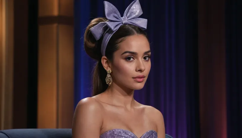 The image shows a woman seated in what appears to be a television studio or talk-show set, with a dark, blurred background featuring blue lighting and out-of-focus geometric shapes resembling a cityscape at night.

She has light-to-medium toned skin and long, highlighted hair styled in a low ponytail swept over her left shoulder. A wide black headband wraps around her head, topped with a large, decorative bow positioned slightly to her right.

Her makeup is glamorous and pronounced, contoured cheeks, full lips with a glossy finish, well-defined eyebrows, and dark eye makeup. She is wearing large, ornate, chandelier-style earrings that hang nearly to her shoulders, the earrings are gold-toned and feature multiple dangling elements.

Her outfit is a strapless, shimmering lavender or metallic-purple dress. The top edge of the bodice is adorned with three-dimensional sculpted roses made of the same fabric, spaced across the neckline like decorative appliqués.

A small tattoo is visible on her upper right arm. It appears to be a stylized design resembling a butterfly or winged figure, along with some cursive text beneath it.

She is turned slightly to her left, with her head angled toward someone off-camera, as if listening or speaking during an interview. Her expression is attentive and serious.