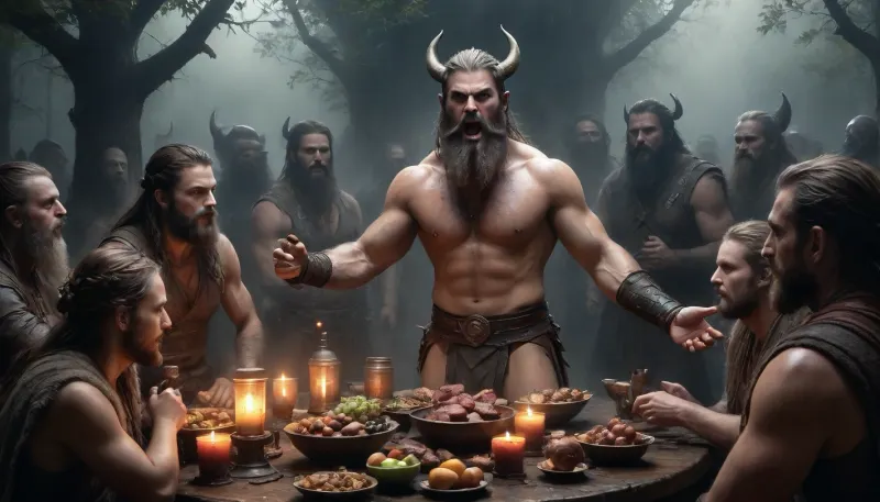 In a grand Viking hall deep in the forest, a long wooden table is filled with rugged, bearded Vikings enjoying a lavish feast. The table is laden with fruits, roasted meats, and overflowing mugs of beer. The hall is illuminated by flickering torches, casting warm, dancing shadows, a skinny nude 22 years old slave girl dances naked on the table, cheering bearded Vikings, (slave is indecently touched:1.2), adding to the lively atmosphere. The entire scene is vibrant and immersive, capturing the essence of a Viking celebration, (ziprealism:1.9), 22 years old, ultra-sharp details, realistic skin texture, natural soft light, refined contrast, 8k detail, authentic facial expression, clean composition, (maximum photo quality:1.4), (maximum resolution:1.5), the atmosphere is adventurous, tension, and teasing intimacy, hvrn, heavy, rain, Black, and, white, art, black, shading, charcoal, toned, brutal, dark, b/w, color, scheme, haze, misty, lagoon, mist, dusk, <lora:Heavy_Rain_XL-000008:.6>, <lora:add-detail-xl:.5>, <lora:Black and white art.V1:.5>, <lora:EnvyHazeSliderXL01:2>, <lora:BIXL_Beautiful_Nature_Twilight_001:1.1>