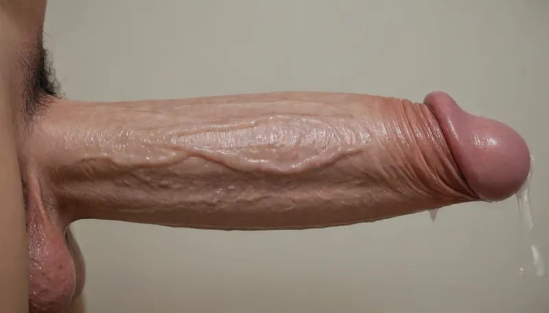 Close up of the awesome cock of Danny D, cumming on bimbo tits, huge ballsack, (massive erect penis:1.8), side view, cock and balls