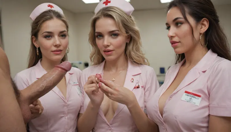 Masterpiece, 4k, ultra realistic, highly detailed, a group of perfect bimbo whore nurse sluts washes a huge big hard penis, cum is shooting out of the penis, the group of nurses is suprised about the huge amount of cum