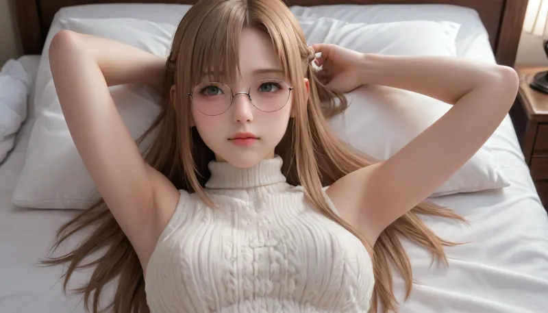 The image is an illustration of a woman, 1Girl, age 25 year old, 4k epic detail, beautiful_eyes, long_hair, uncensored, blush, collarbone, large_breasts, big_breast, look_at_viewer, Yuuki Asuna, 1girl, solo, armpits, glasses, looking_at_viewer, breasts, sleeveless, lying, arms_up, sweater, closed_mouth, on_back, turtleneck, pillow, upper_body, bangs, round_eyewear, arms_behind_head, white_sweater, sleeveless_turtleneck, grey_eyes, sweat, on_bed, bra_visible_through_clothes, black_eyes, sleeveless_sweater, sideboob