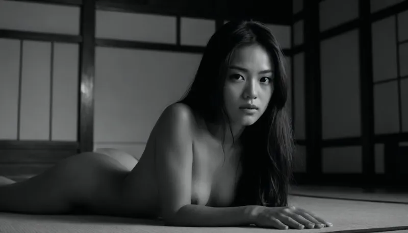sigle 18 years old exotic beauty, mysterious and glamour, dark extra long hair, black and white picture, tan lines, inside a japanese castle, naked on tatami, begging for love