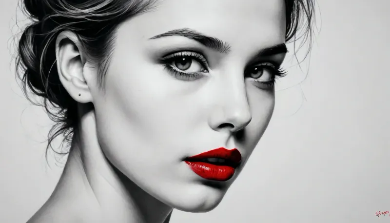 Minimalistic, ((pen and ink art)), on paper, b/w, red paint on lips, depicts a young woman, exquisitely portrayed with graceful lines and subtle curves. Her face is a captivating blend of vulnerability and strength. The reduced canvas emphasizes her presence. profil view. /©KlTTY-ART/