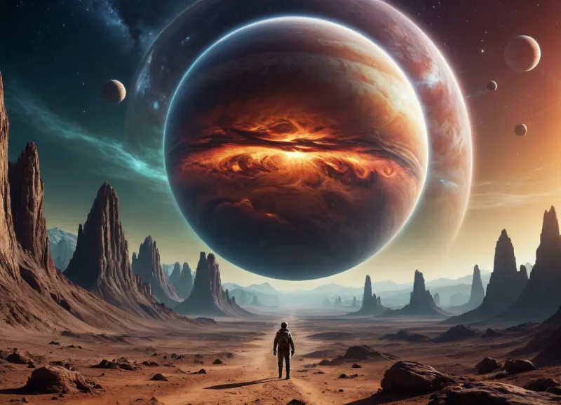 fullcolor image, 8K quality, gas giant satellite planet, fantastic lighting, alien strange landscape, fantastic animals
