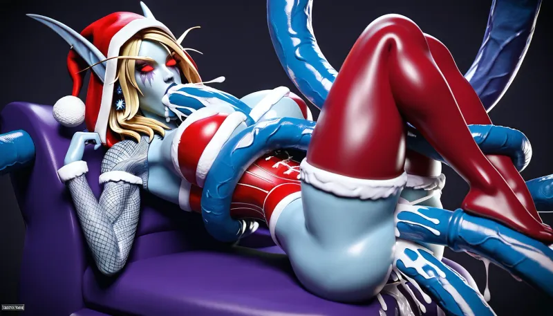 (Sylvanas Windrunner from warcraft), slender body, firm buttocks, fit toned body, thick thighs, muscular thighs, strong legs, (wearing A figure-hugging bustier in classic Christmas red, made of shiny velvet with white faux fur trim along the neckline. The cut is low and sweetheart, . Sheer mesh sleeves with a snowflake pattern), massive gigantic long puffy mega erect very huge tentacle erect horsepenis halfway up in anal, missionary, massive cum, effervescent orgasm, tentacle double penetration, deep throat, boobjob