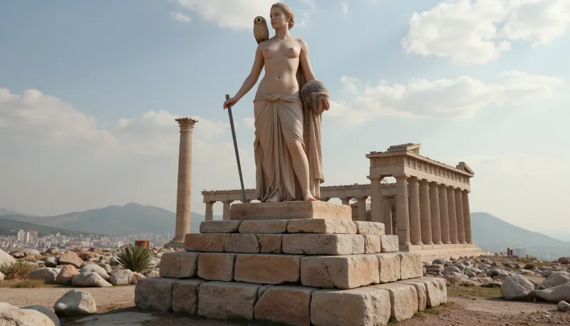 Photorealism, photorealistic, realistic, {the ruins of the Parthenon, (the foundation remaining from the statue), with a model posing on it, depicting the goddess Athena, (with an owl on her shoulder), and a shield and spear, depicting the battle of the centaurs with the Lapiths at Pirithous' wedding feast, and figures...}, life-like, highly detailed, ultra-realistic, cinematic lighting, 8K
