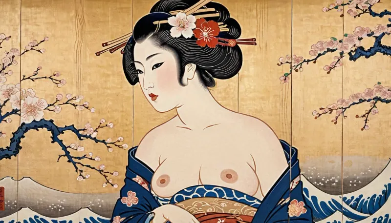 Semi-nude Japanese woman in a sensual pose depicted on a paulownia wood panel in the ukiyo-e style., (Visible texture, vibrant colors, indigo, vermilion, gold, and soft skin tones.), (Half-open kimono with intricate floral patterns and an untied obi.), (Traditional Shimada hairstyle with kanzashi hairpins, serene yet provocative facial expression.), In the background, a landscape of cherry blossoms and waves, using planes of color and sumi brushstrokes in the ukiyo-e style. Lacquer sheen, registration marks, precise details, and an intimate atmosphere. Japanese erotic tradition of ukiyo-e and shunga techniques integrated into authentic wood., Ukiyo-e, Art, <lora:Ukiyo-e Art:.7>, <lora:Ukiyo-e:.6>