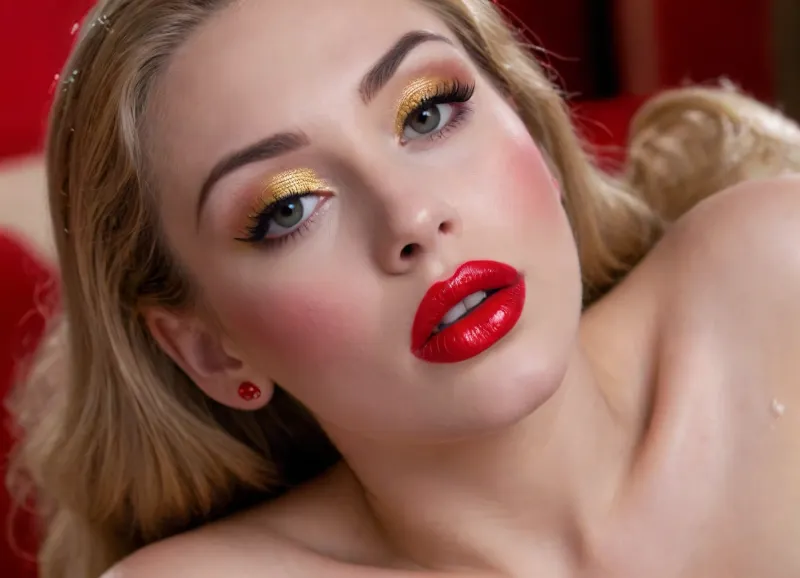 I'm 27 years old, I'm a horse girl., ((makeup:1.5), long blue eyelashes, olive eyeshadow with glitter), (big red lips:1.5), full lips of a bold red tone, thick red lipstick shiny moisturized by transparent wet gloss, she sits completely naked and uninhibited, showing her cap and pussy in lipstick, flowered stockings on her legs