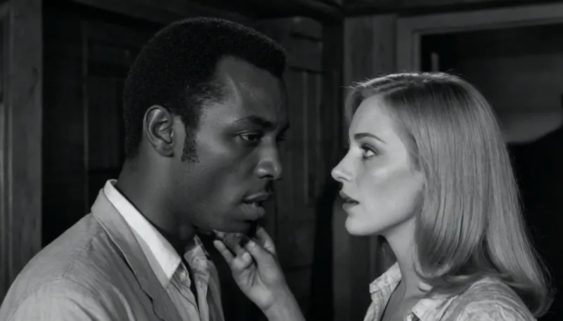 1968, 35mm b&w, George Romero's film Night of the Living Dead, scene with interracial couple, a white woman kisses a black man in a dilapidated house, zombies try to pull the couple apart.