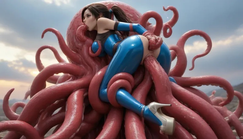 (Anime:1.5), (Woman suspended high off ground from octopus:1.5), (woman restrained and suspended from octopus:1.5), (woman’s body upright on top of octopus with her legs bound and spread:1.5), (octopus wrapped completely around front side of her body restraining and suspending her:1.5), (arms and legs entirely restrained by octopus:1.35), (carry_sex:1.5), (Highest detail:1.35), (extreme thick cum dangling from woman’s face and anus:1.35), (Triple penetration:1.5), (photorealistic face), photorealistic, (looking back over her shoulder face in view:1.35), (octopus slug wrapped completely around woman fucking anus:1.35), (octopus ponycock fucking woman's throat and anus balls deep:1.35), (colossal glowing yellow octopus slug), glowing yellow octopus and tentacles, (mounting over her:1.35), (octopus wrapped around front of her with ponycock in her anus:1.35), enormous fat hyper octopus over woman fucking her anus, (Enormous octopus slug wrapped around her body fucking her anus), (her arms and legs restrained), side angle view, (octopus ponycock in her ass:1.35), (octopus wrapped completely over front of woman), (anal penetration), octopus smothering woman, impregnation, (tight anus stretched with ponycock), (Extremely beautiful young woman:1.5), (lara Croft from tomb raider), (Extremely long hair), (long ponytail:1.3), (perfect body), high detail face, (extremely beautiful young face), (colossal fat hyper octopus fucking her mouth anus and pussy with ponycocks), fucking woman’s asshole, (triple penetration:1.35), (sucking ponycock:1.35), (deepthroat ponycock:1.35), throatfucked, (colossal thick coned ribbed ponycocks), swollen ponycocks, colossal cone shaped pony tentacles, (extremely hyper disgusted shocked facial expression:1.5), clinging to her chest, (wrapped around her hips), fucking her tight asshole, (tight sky blue latex bodysuit:1.35), (on top woman’s stomach fucking downwards in her anus:1.35), octopus fucking tight anus, tight asshole stretched by ponycock, full body view, (impossible fit), (woman's ass lifted upwards:1.5), (enormous thigh high light yellow fluffy platform heels:1.35), woman sweaty, tears, skinny woman, woman gagging on cock, sweaty, (woman covered with gooey cum), (squealing while throatfucking ponycock:1.5), testicles touching her, (extreme thick loads of gooey lumpy cum dangling from her anus and face:1.35), (woman's ass and face covered with extreme loads of thick lumpy cum), (extreme thick loads of lumpy cum dangling from her mouth and anus:1.35), (wasp waist), (skinny), (hourglass body), (High, Resolution), (More, Details), (8K), shocked, nonplussed, <lora:checkpoint-e100_s400:2>, <lora:aesthetic_anime_v1s:2>, <lora:EnvyGoddessXL06:2>, <lora:shocked:2>, <lora:EnvyBeautyXL12:2>