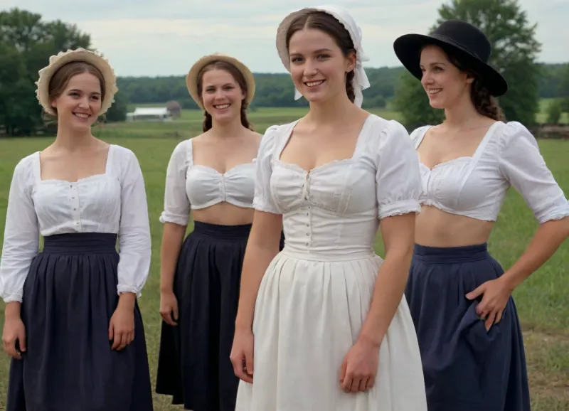 Group of half-naked beautiful Amish busty women, 30 years old, traditional Amish dress with bonnet, long skirt, unbuttoned corsette, open white blouse, fully exposed naked breasts, topless, no bra, strong legs, smiling, farm outdoor, hyperrealistic