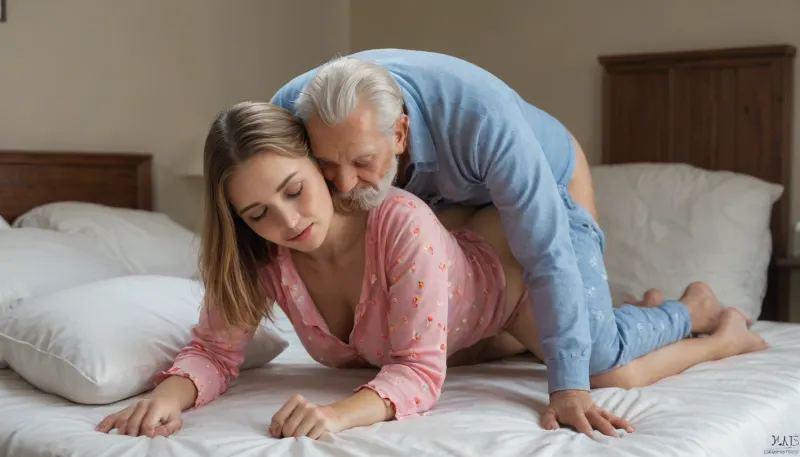 Straight couple, (grandpa and a 25 year old beautiful woman:1.5), ((old grandpa, beard, short haircut)), (long beard:1.2), lying in bed together in sexy pajamas, tight ass, tight thighs, medium sized perky tits, ginger hair, adorable face, cute, sleeping hair long, plump lips, submissive, shy, grandpa has big penis, veiny dick, couple fucking racq, (woman on all fours, knees wide apart, face in pillow), (grandpa from behind on knees inserting his penis into vagina, holding hips), (down pajama pants), pajamas, night time, sleeping, vaginal penetration, wide ankles, award winning photography, ultra high detail, HDR, creampie, intense orgasm, one leg on top of guy, facing each other. Body manipulation, divine proportions, casual, inexperienced, (((rule of thirds))), high quality, high detail, high resolution, backlit