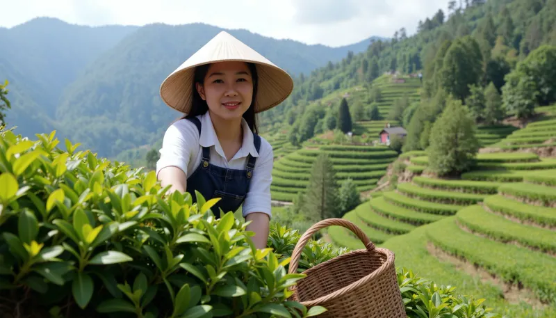 Photorealism, photorealism, realism, {Vietnamese woman in a conical hat, in the process of harvesting, reaching into tea bushes on terraced plantations on a mountainside, a special basket stands nearby, looking at the viewer}, high detail, ultra-realism, cinematic lighting, 8K