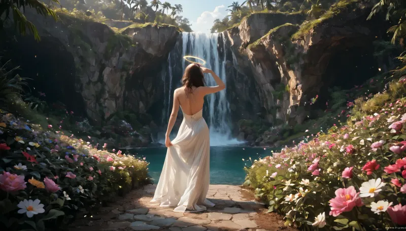 1girl, score_9, score_8_up, score_7_up, full body picture, ultra detailed, She is seen from behind, back facing the camera, beautiful young adult thin, fit and athelic supermodel in a secret flower garden, with a waterfall in the background, She has very pale skin, (a wreath of flowers placed on the head:1.2), standing, facing a distant waterfall, soft misty air, (one arm lifted, palm open, a halo of light streaming from her hand, delicate particles of nature energy floating around her forearm:1.3), dreamy harmony with nature, long loose jet black hair falling down her back, naked, soft natural curves. Warm late afternoon light glows on her pale skin, water droplets sparkling in the air, perfect hands, detailed realistic hands, Shallow depth of field, dreamy bokeh flowers, cinematic, romantic, magical atmosphere, magical particles in the air, refined sensuality, quality, captures, every, detail, clarity, magical, NEGATIVE_HANDS, ac_neg1, detailxl, <lora:Hidden_Waterfall:.1>, <lora:EnvyMagicalXL01:1.9>