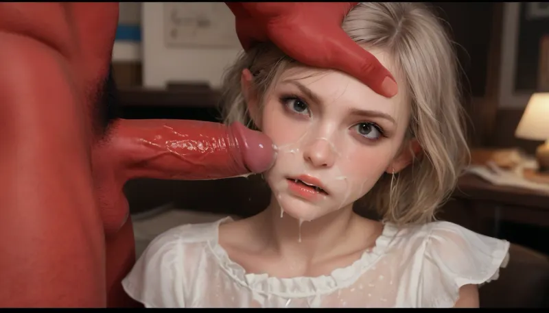 Face close-up, A nude 18-year-old demon girl with deep red skin, pitch-black sclera eyes, (completely black eyes with no visible whites), sharp small fangs slightly visible, pointed ears, short black bob cut hair, is being forced into anal sex by white human male, Side view, her face pressed hard against the table, looking directly at the viewer with an expression of agony, anguish, anxiety, depression, despair, grief, pain, sadness and stress, Her very large, extremely saggy, flat breasts are fully exposed and hanging down heavily, Her huge ass is raised high, being roughly penetrated by a strong muscular white man, Excessive cum dripping from her mouth, suffering expression, Her hands are tightly tied behind her back, red skin, black sclera eyes, small sharp fangs, face covered in cum, woman, cum, on, face, very detailed, incase, style, <lora:MS_Real_XL_Bukkake:1>, <lora:JustCum:.8>, <lora:add-detail-xl:1.3>, <lora:Incase_Style__SDXL:1.2>