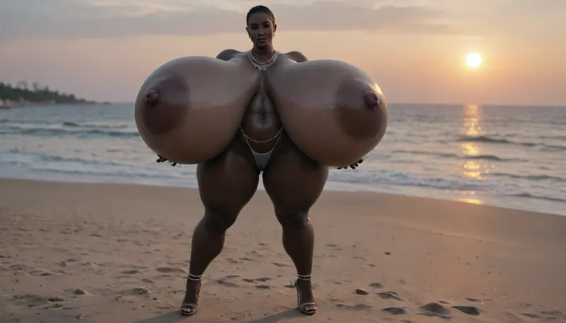 (absolutely black skin:1.85), (gigantic massive huge tits slender beauty model on the beach:1.55), (incredibly floppy saggy tits:1.35), (very large very dark areolae:1.25), erect nipples, seduction, model with full body and face, ((groping tits and ass)), ((very high plateau heels)), (bikini), ((belly chain, anklet, bracelet, jewelry, necklace)), (micro skirt, sun dress), oiled up, light hairy pussy, very detailed image, ultra high definition, dramatic sunrise light, palms, cruise ship on horizon