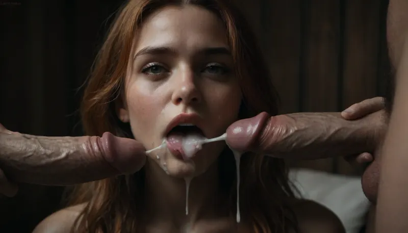 white naked woman, (woman:1.3), long ginger hair, close-up of her mouth, tongue sticking out, 1 white grandpa with a big penis dropping a cumshot on her tongue, excessive cum on tongue, mouthfull of cum, 1 white grandpa with a big penis dropping a cumshot on her cheeks, excessive cum on face, in a cozy bamboo house, <lora:dark:.8>