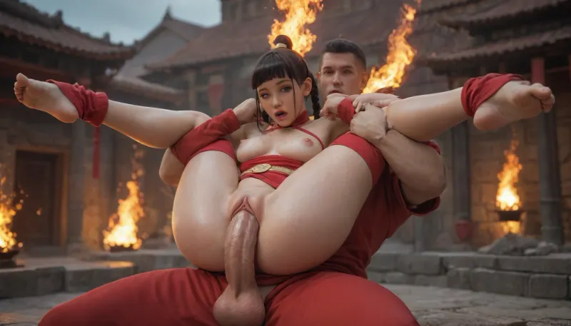 (fire nation Tylee:1.4), (one long braid), (Avatar the last air bender), (slutty cut out outfit:1.7), (ultra petite body:1.9), tylee, ard nipples sticking out from under clothes, high round breasts, fighting stance, shows ass, (fullnelson), (vaginal sex), (huge penis wet)