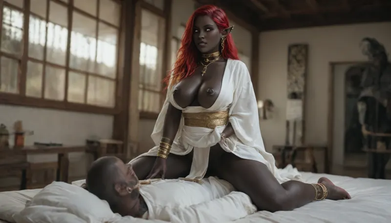 Amazon position, thin woman, white skin men, ((black skin:2.1)), elf ears, gold hair, Gorgeous face, (white eyes:1.5), (fit:1.5), (large breasts:1.2), (white kimono dress:1.5), fully dressed, silver collar, multicolored hair, Red hair, green hair, blue hair, red hair, nipple piercings, tribal tattoos, (piercing:2), (wearing her elf loincloth, jewelery, braclets, anklets:1.2), freckles, in the sea