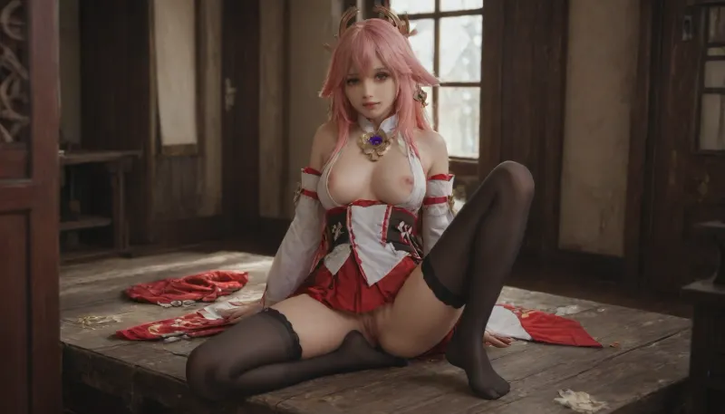 21 years old, 8K, solo, red eyes, five fingers, perfect fingers, pink hair, masterpiece of the highest quality, work of a true master, dress, skirt, stockings, unbuttoned sleeves, jewelry, black thigh-high stockings, Yae, Miko, Lynette, Navia, Vision, (Genshin, Impact), <lora:MIAOKA_Yae Miko_XL:.7>, <lora:tifa_re_sdxl_V1_01-000006:2>